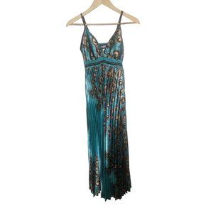 Pleated Maxi Dress Women One Size Evening Gown Peacock Print Teal Satin Like EUC